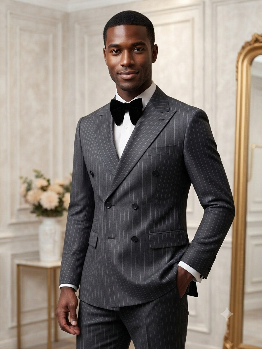 Men's Charcoal Grey Pinstripe Double-Breasted Suit | Bespoke Fit Tuxedo for Weddings & Black-Tie Events