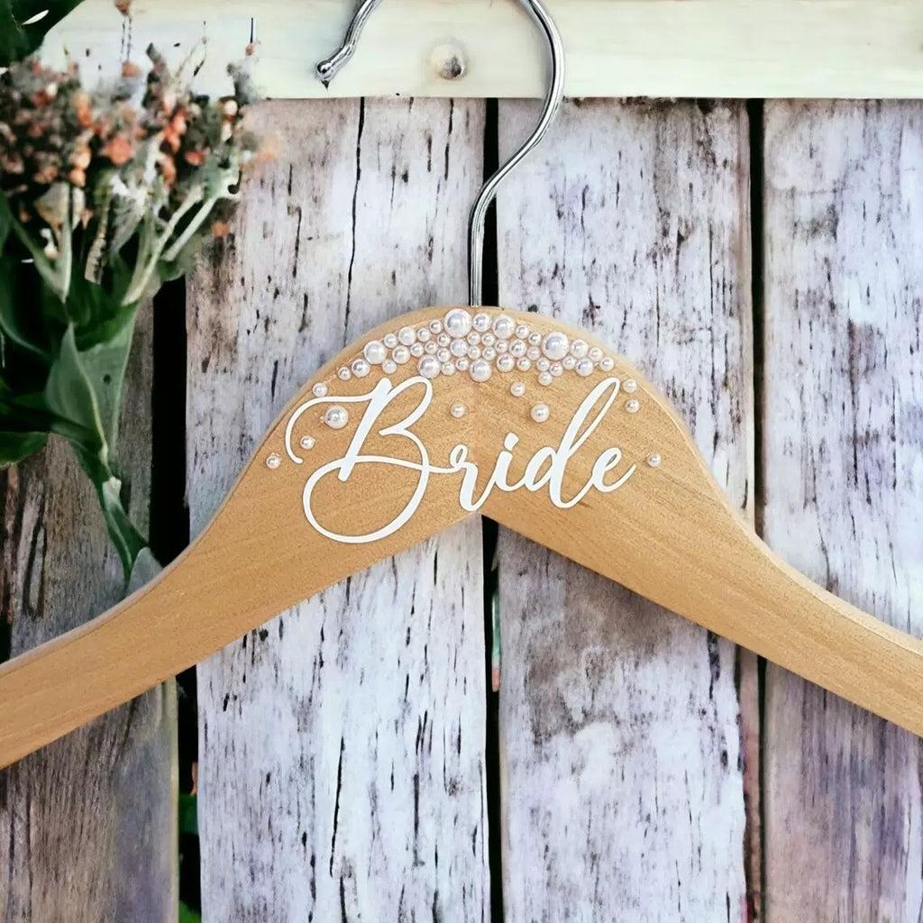 Custom Wooden Bride Hanger with White Satin Bow & Pearl Beading – Elegant Wedding Dress Photo Prop & Bridal Shower Keepsake Gift