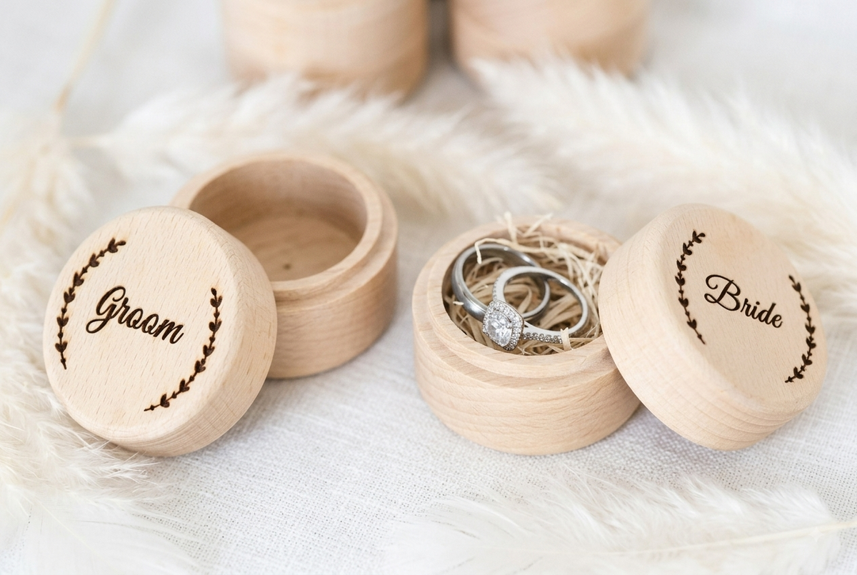Rustic Natural Wood Wedding Ring Box | Engraved Bride & Groom Ceremony Keepsake