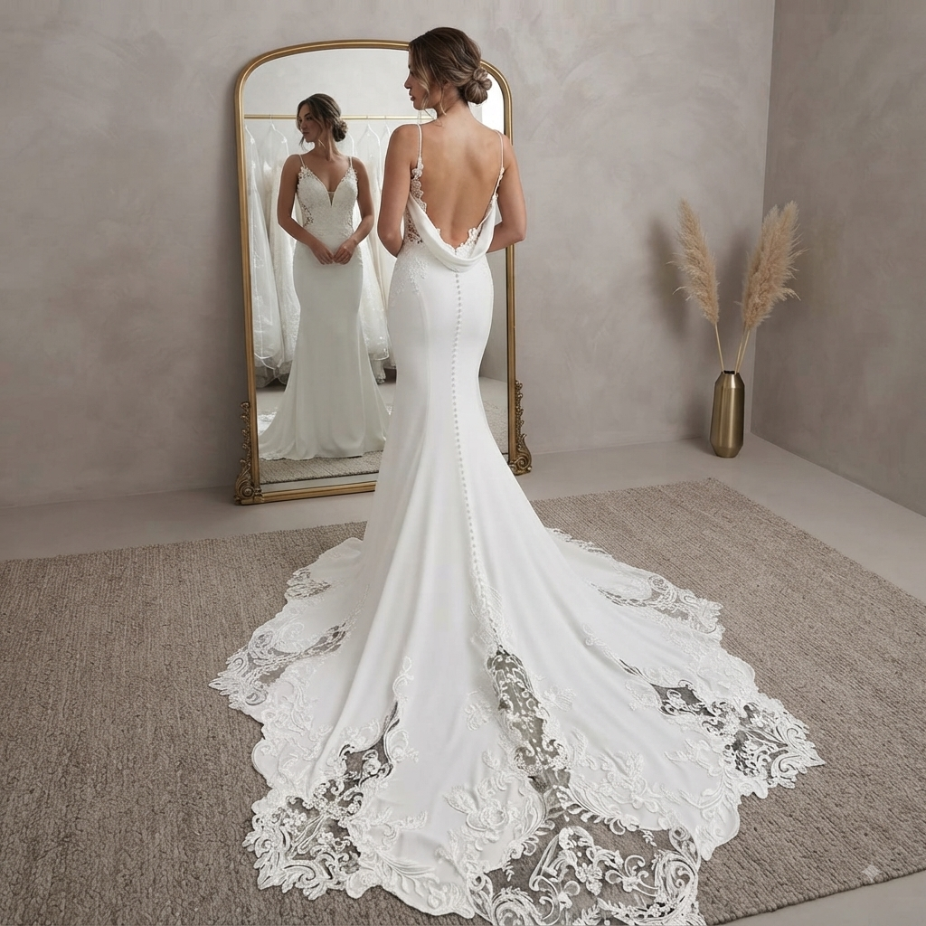 Luna V-neck suspender minimalist slim wedding dress with luxurious lace trailing