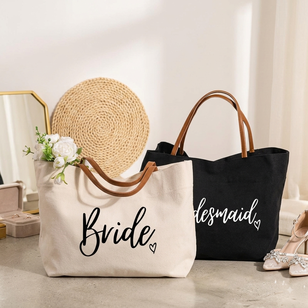 Canvas Bridal Tote Bag with Vegan Leather Straps | Bride & Bridesmaid Gift Bag for Bachelorette Party & Wedding Day