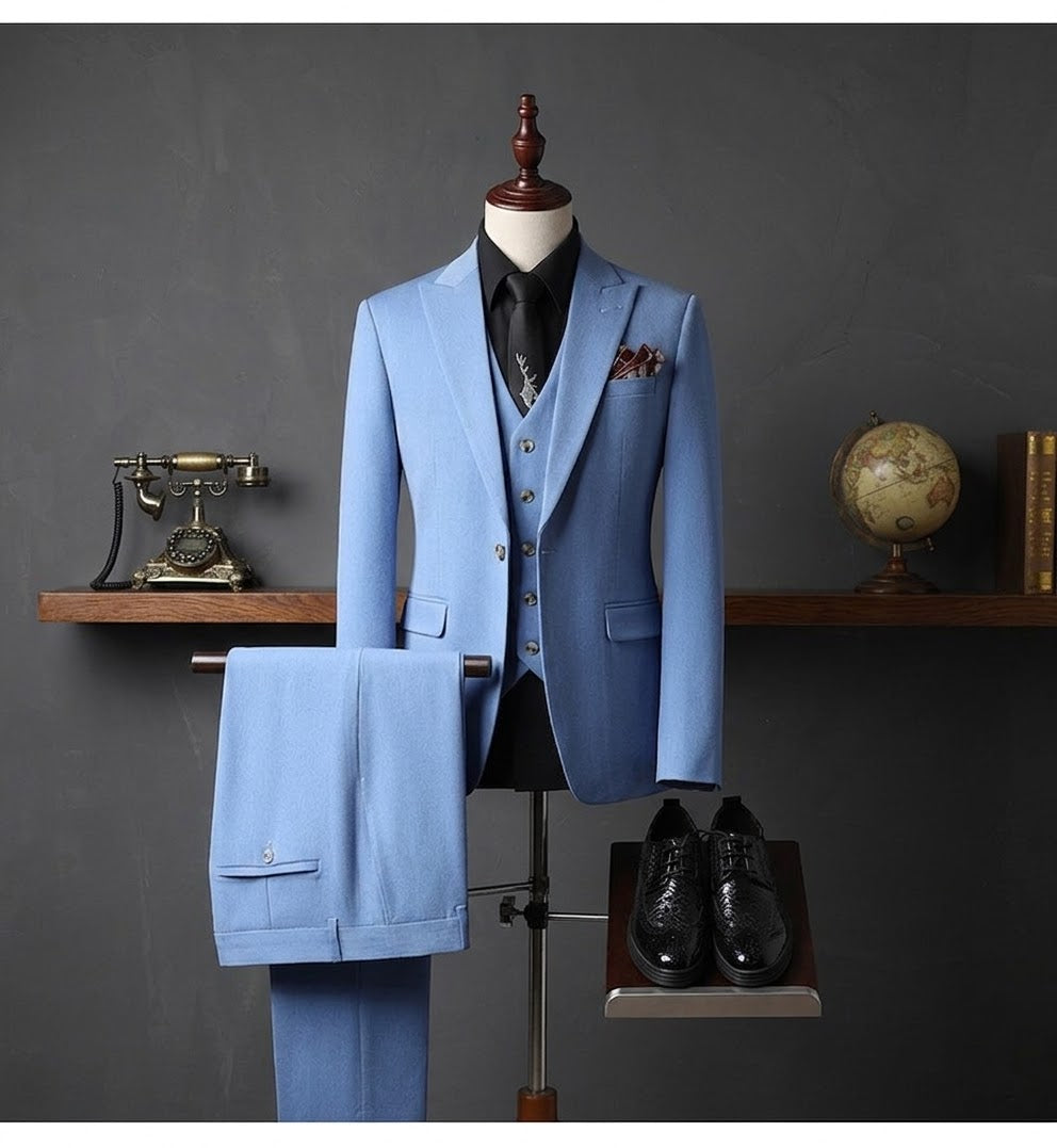 Men's Classic Sky Blue 3-Piece Slim Fit Suit — Tailored Blazer, Waistcoat & Trousers