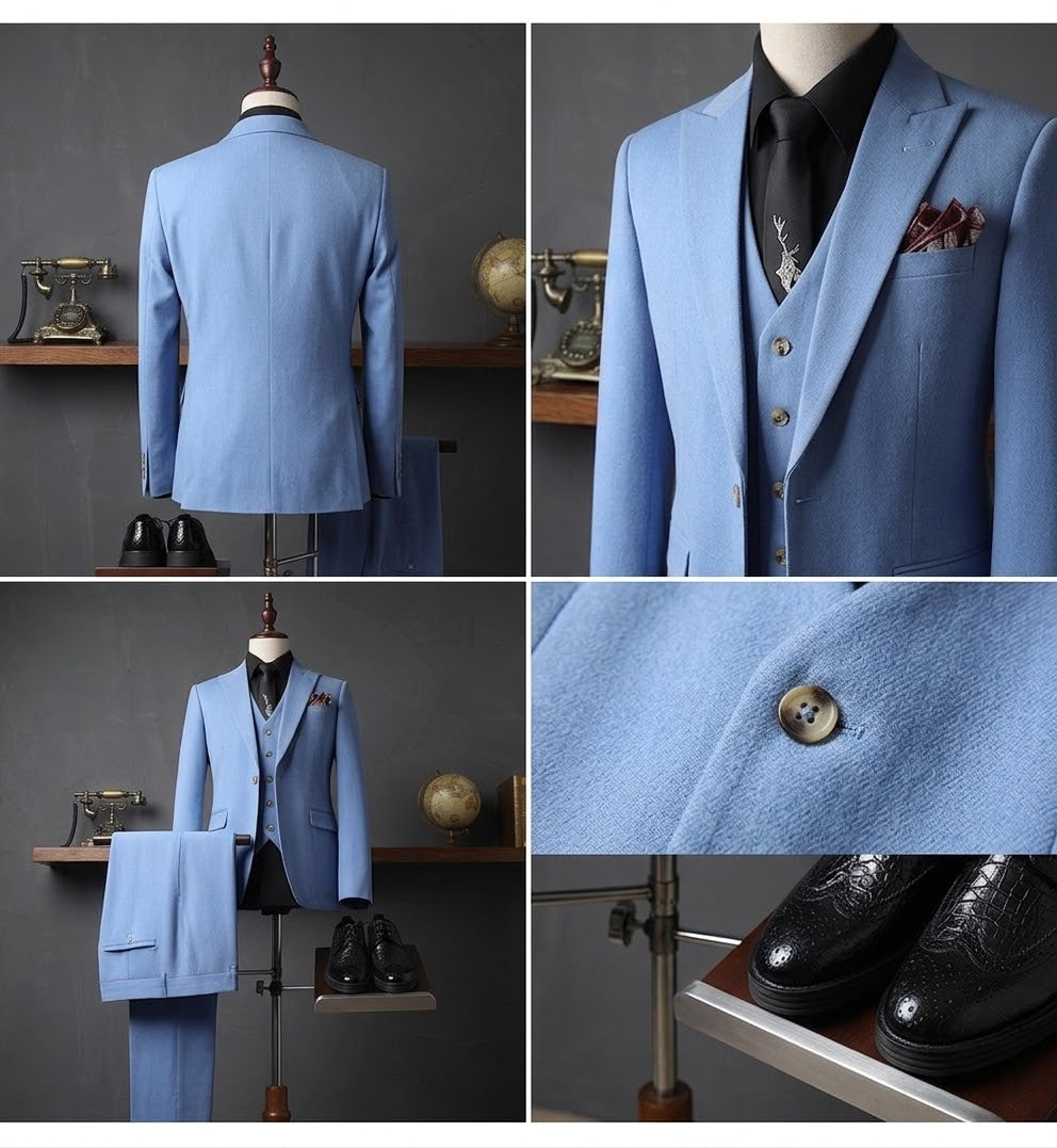 Men's Classic Sky Blue 3-Piece Slim Fit Suit — Tailored Blazer, Waistcoat & Trousers