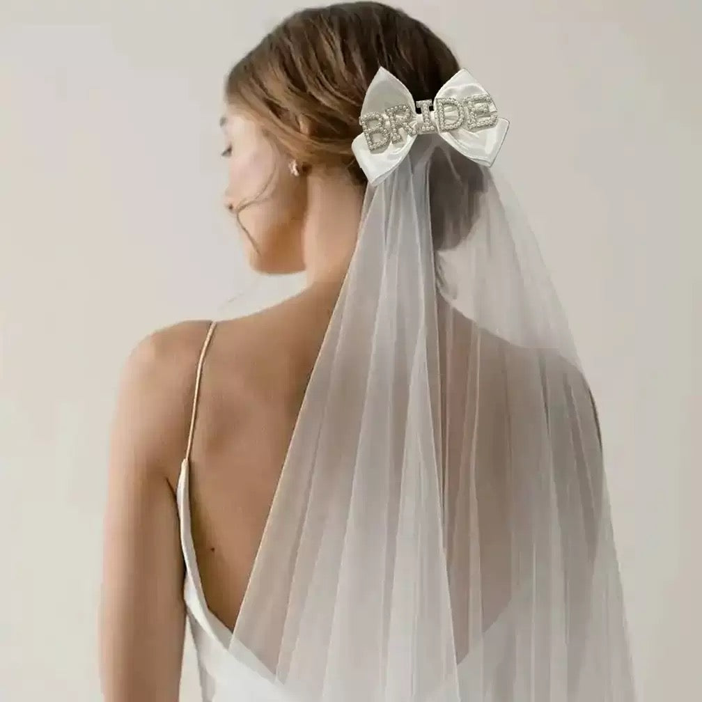 Pearl rhinestone "BRIDE" letter satin large bow women's wedding veil accessories