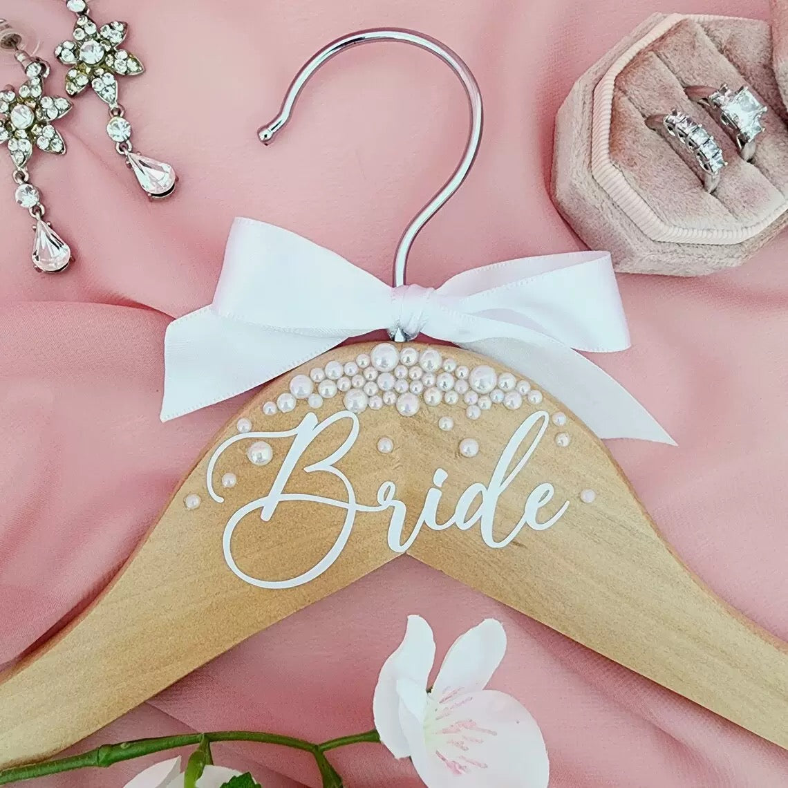 Custom Wooden Bride Hanger with White Satin Bow & Pearl Beading – Elegant Wedding Dress Photo Prop & Bridal Shower Keepsake Gift