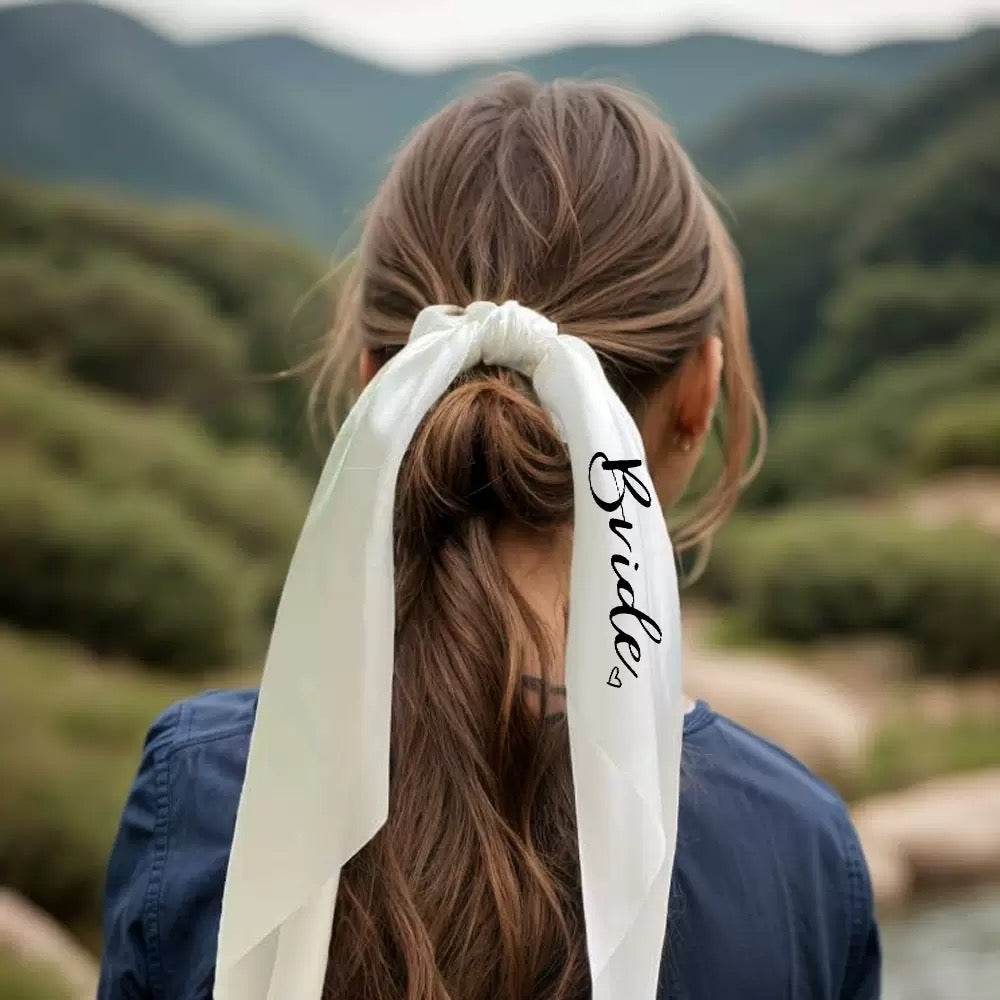 White Bride Satin Scrunchie – Bridal Hair Tie with Scarf Detail