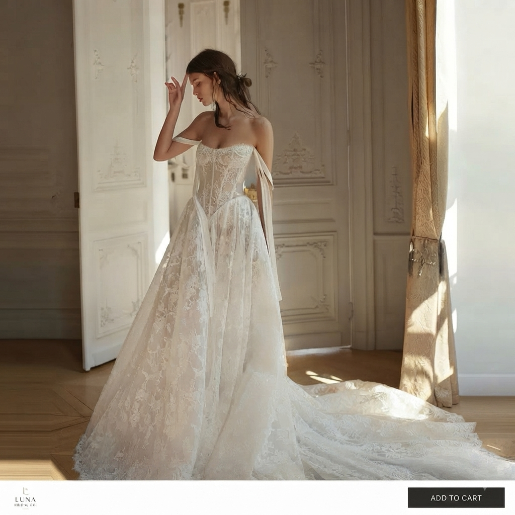 Luxurious plunge-neck, waist-wrapping soft lace A-line wedding dress with train
