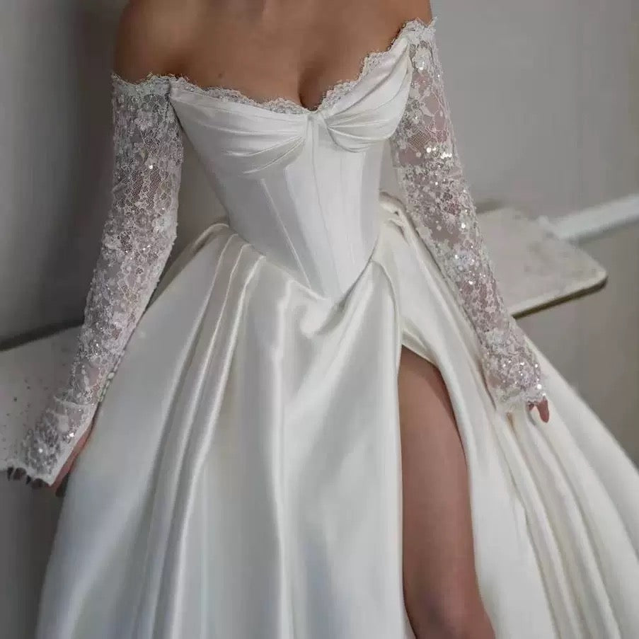 Off-Shoulder Corset Wedding Dress – Lace Sleeve Bridal Gown