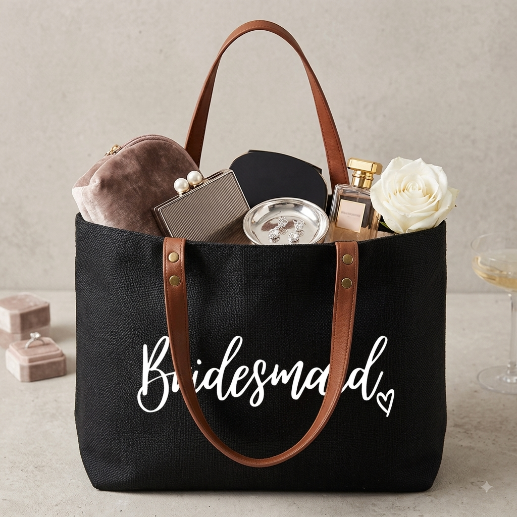 Canvas Bridal Tote Bag with Vegan Leather Straps | Bride & Bridesmaid Gift Bag for Bachelorette Party & Wedding Day