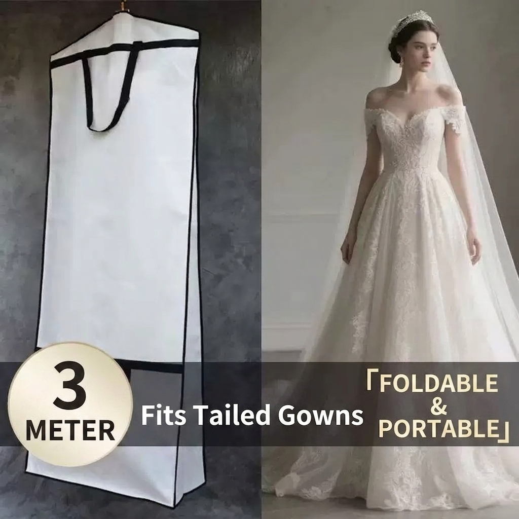 Premium non-woven Wedding Dress Garment Bag with 30cm Gusset for Tailed Dresses, 3 Meters Length [FOLDABLE & PORTABLE DESIGN]