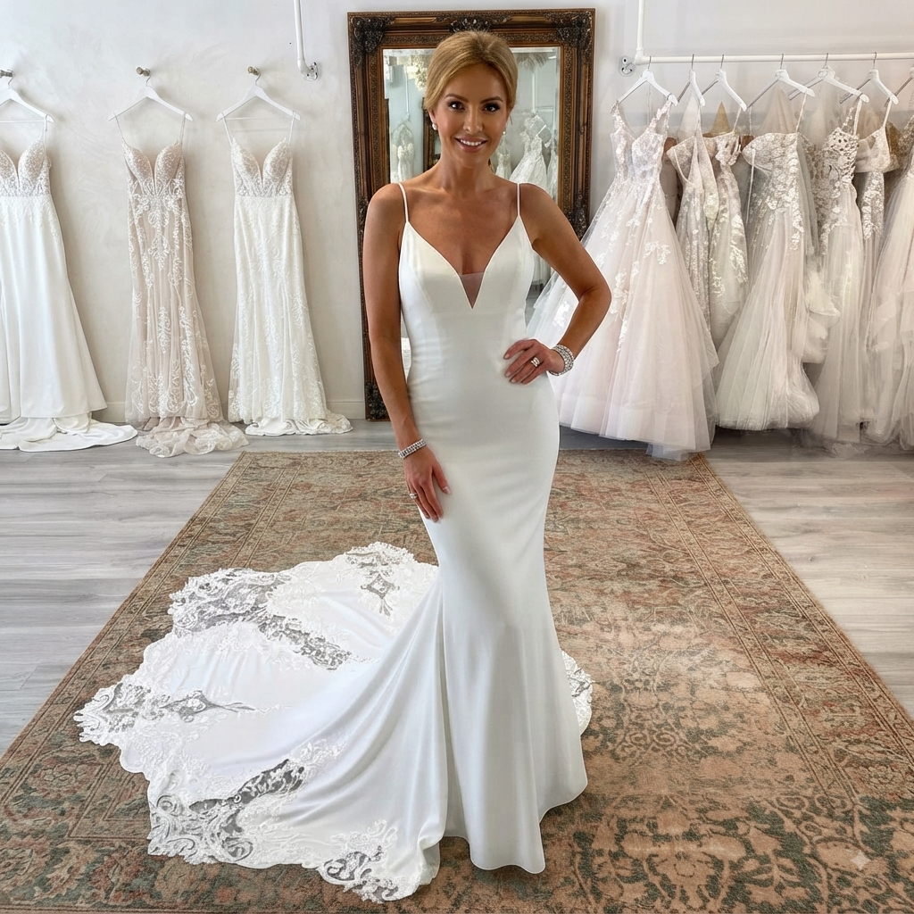 Luna V-neck suspender minimalist slim wedding dress with luxurious lace trailing