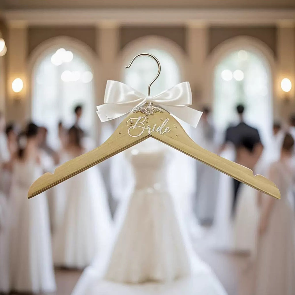 Custom Wooden Bride Hanger with White Satin Bow & Pearl Beading – Elegant Wedding Dress Photo Prop & Bridal Shower Keepsake Gift