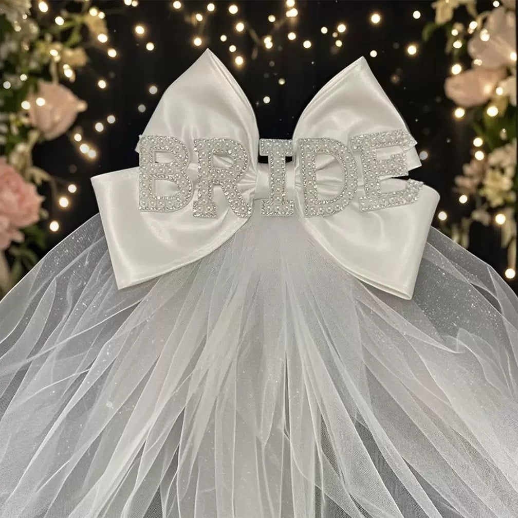 Pearl rhinestone "BRIDE" letter satin large bow women's wedding veil accessories