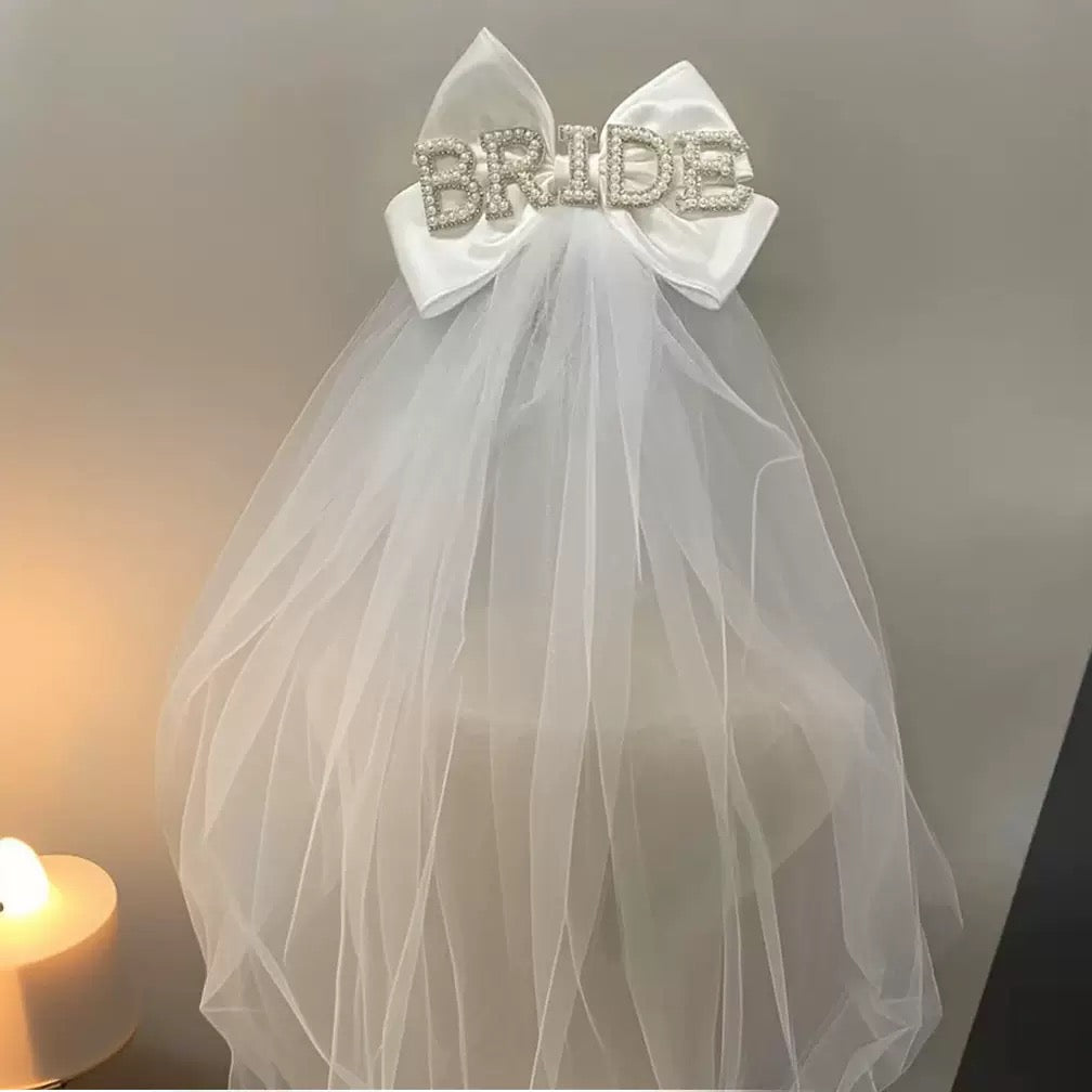 Pearl rhinestone "BRIDE" letter satin large bow women's wedding veil accessories