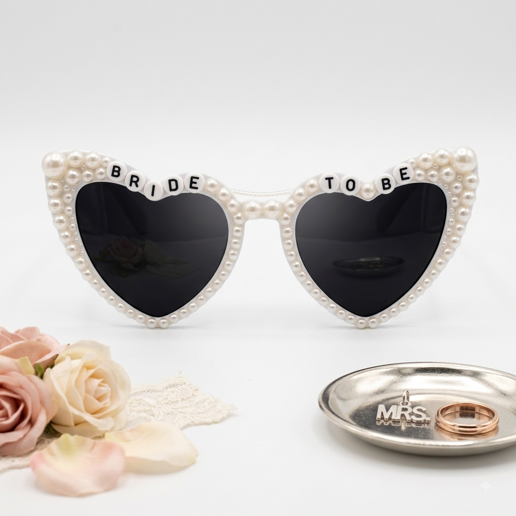 Pearl & Rhinestone "Bride To Be" Heart Sunglasses for Bachelorette Party & Bridal Shower