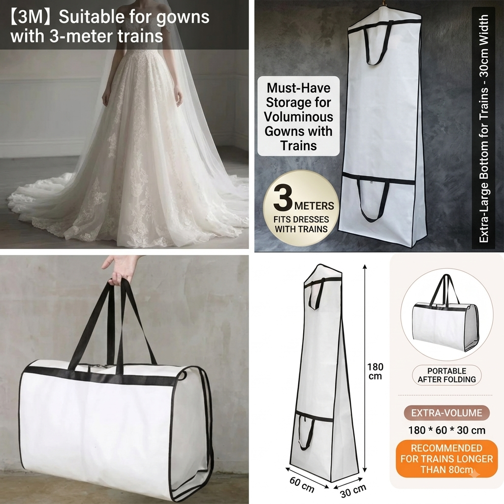 Premium non-woven Wedding Dress Garment Bag with 30cm Gusset for Tailed Dresses, 3 Meters Length [FOLDABLE & PORTABLE DESIGN]