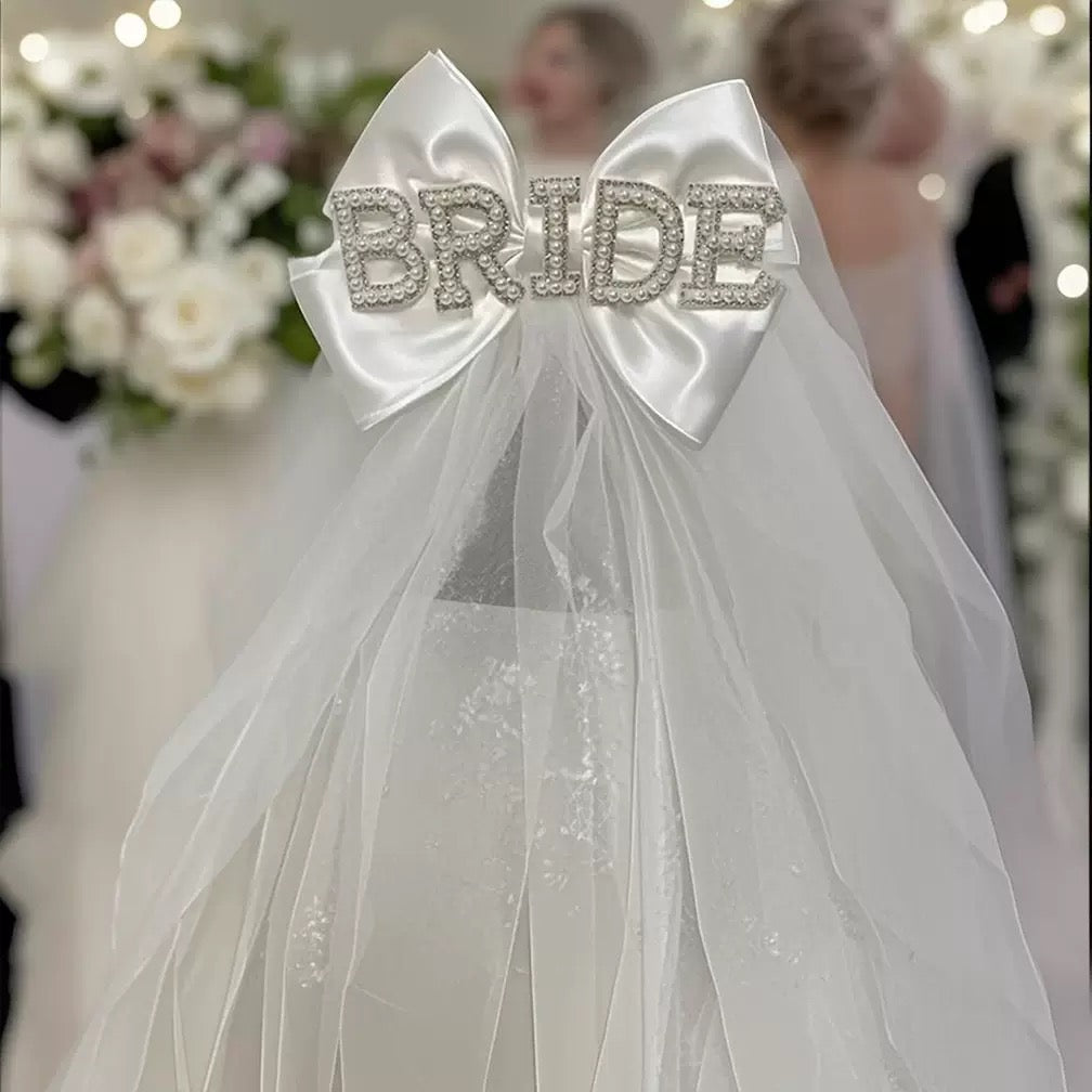 Pearl rhinestone "BRIDE" letter satin large bow women's wedding veil accessories