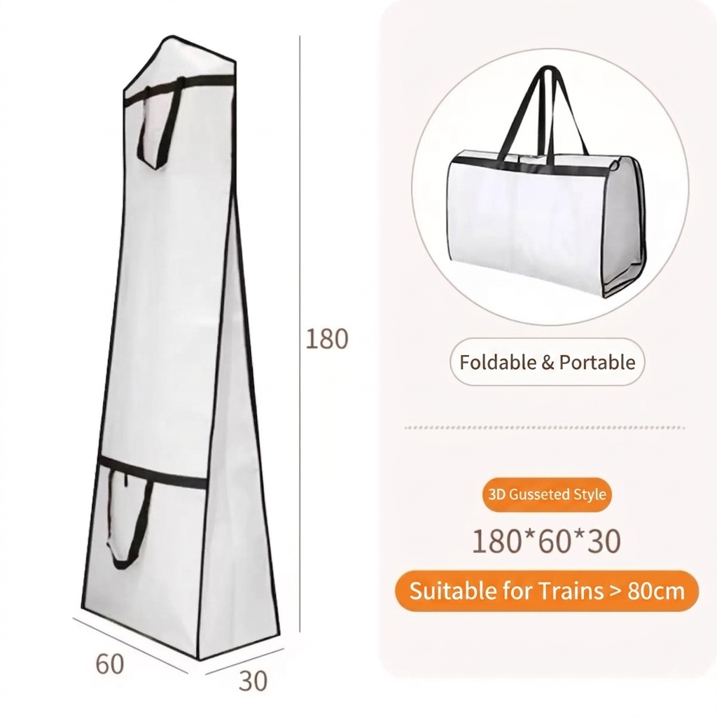 Premium non-woven Wedding Dress Garment Bag with 30cm Gusset for Tailed Dresses, 3 Meters Length [FOLDABLE & PORTABLE DESIGN]