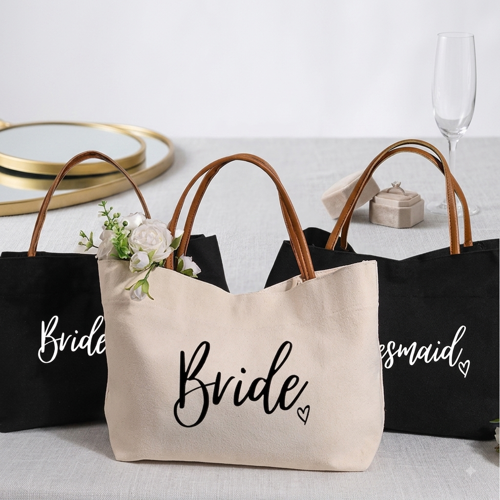 Canvas Bridal Tote Bag with Vegan Leather Straps | Bride & Bridesmaid Gift Bag for Bachelorette Party & Wedding Day