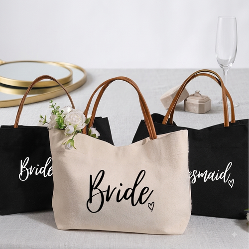 Canvas Bridal Tote Bag with Vegan Leather Straps | Bride & Bridesmaid Gift Bag for Bachelorette Party & Wedding Day