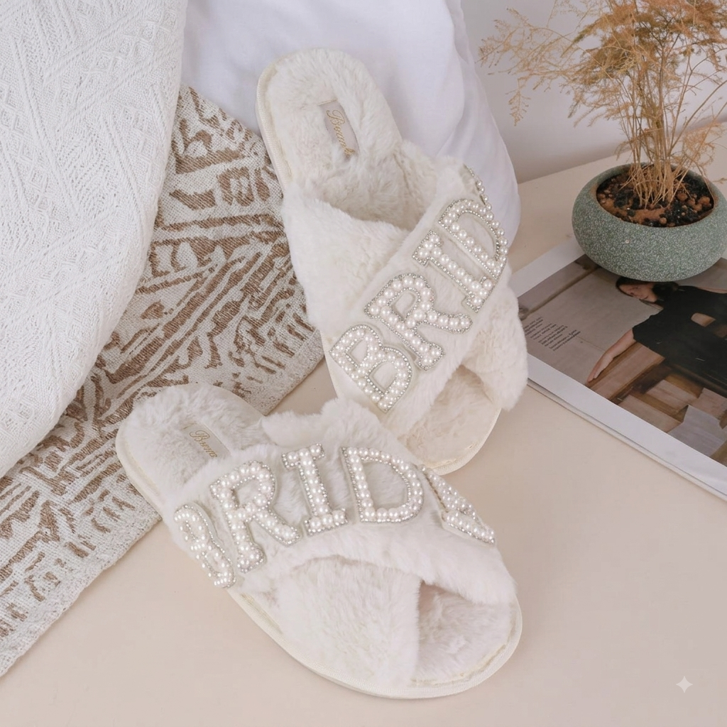 Bridal Pearl Fuzzy Slippers – White Faux Fur Cross Band Bride Bedroom Slippers