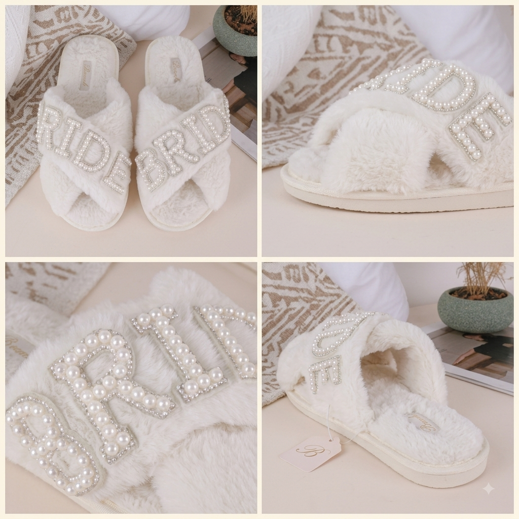 Bridal Pearl Fuzzy Slippers – White Faux Fur Cross Band Bride Bedroom Slippers