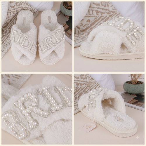 Bridal Pearl Fuzzy Slippers – White Faux Fur Cross Band Bride Bedroom Slippers