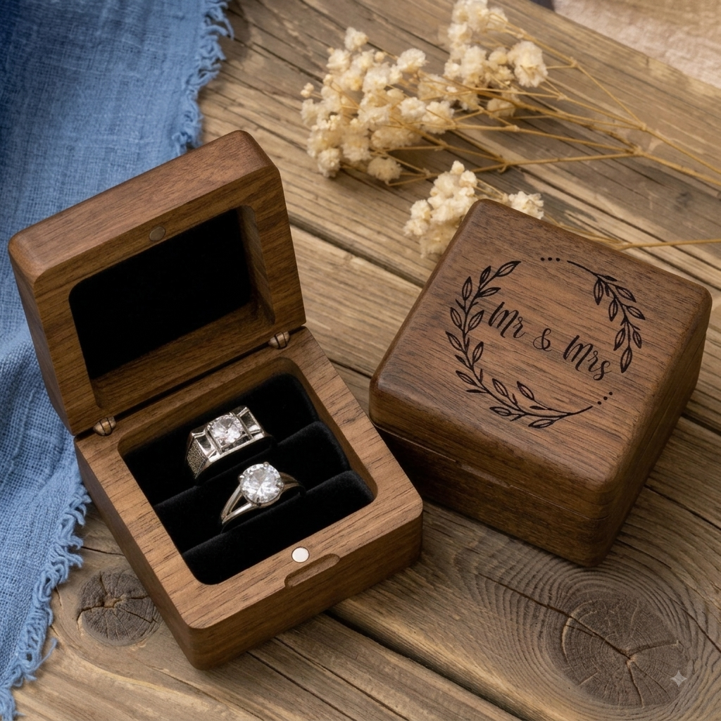 Rustic Walnut Wood Double Ring Box – Engraved "Mr & Mrs" Wedding Ring Bearer Box with Soft Velvet Lining