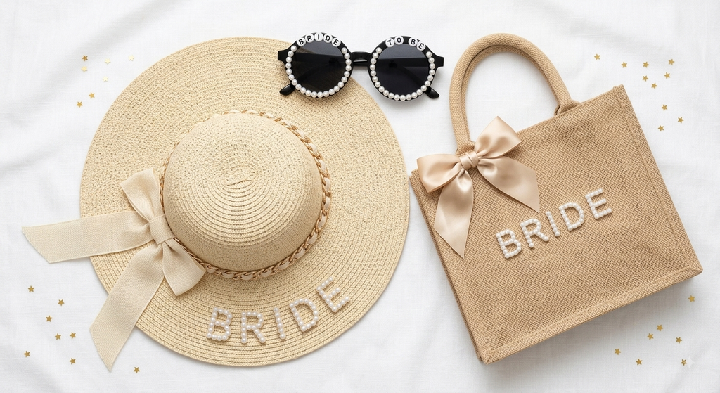 Pearl straw braided bridal hat gift set