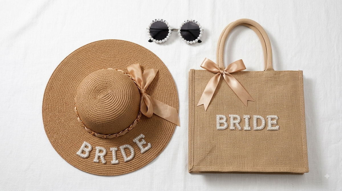 Pearl straw braided bridal hat gift set