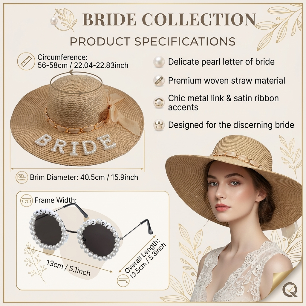 Pearl straw braided bridal hat gift set