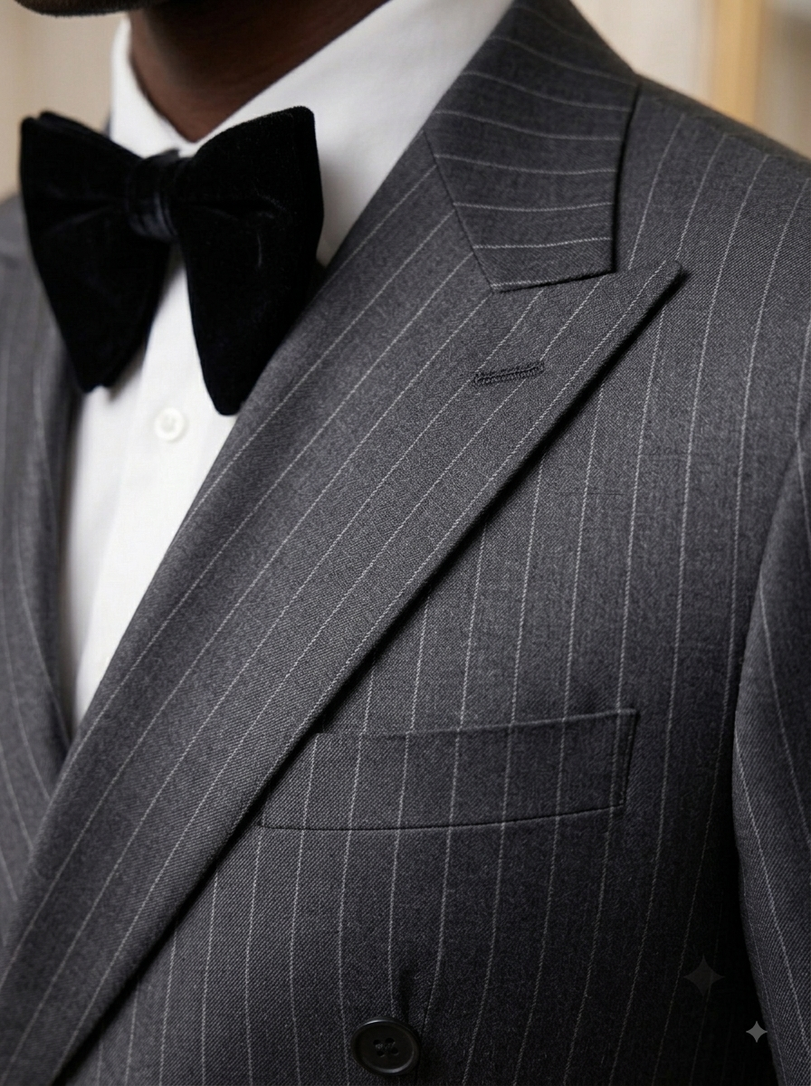Men's Charcoal Grey Pinstripe Double-Breasted Suit | Bespoke Fit Tuxedo for Weddings & Black-Tie Events