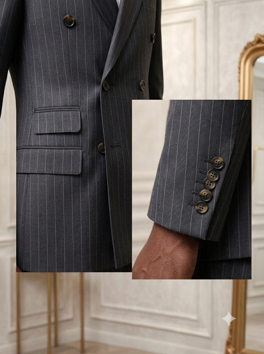Men's Charcoal Grey Pinstripe Double-Breasted Suit | Bespoke Fit Tuxedo for Weddings & Black-Tie Events