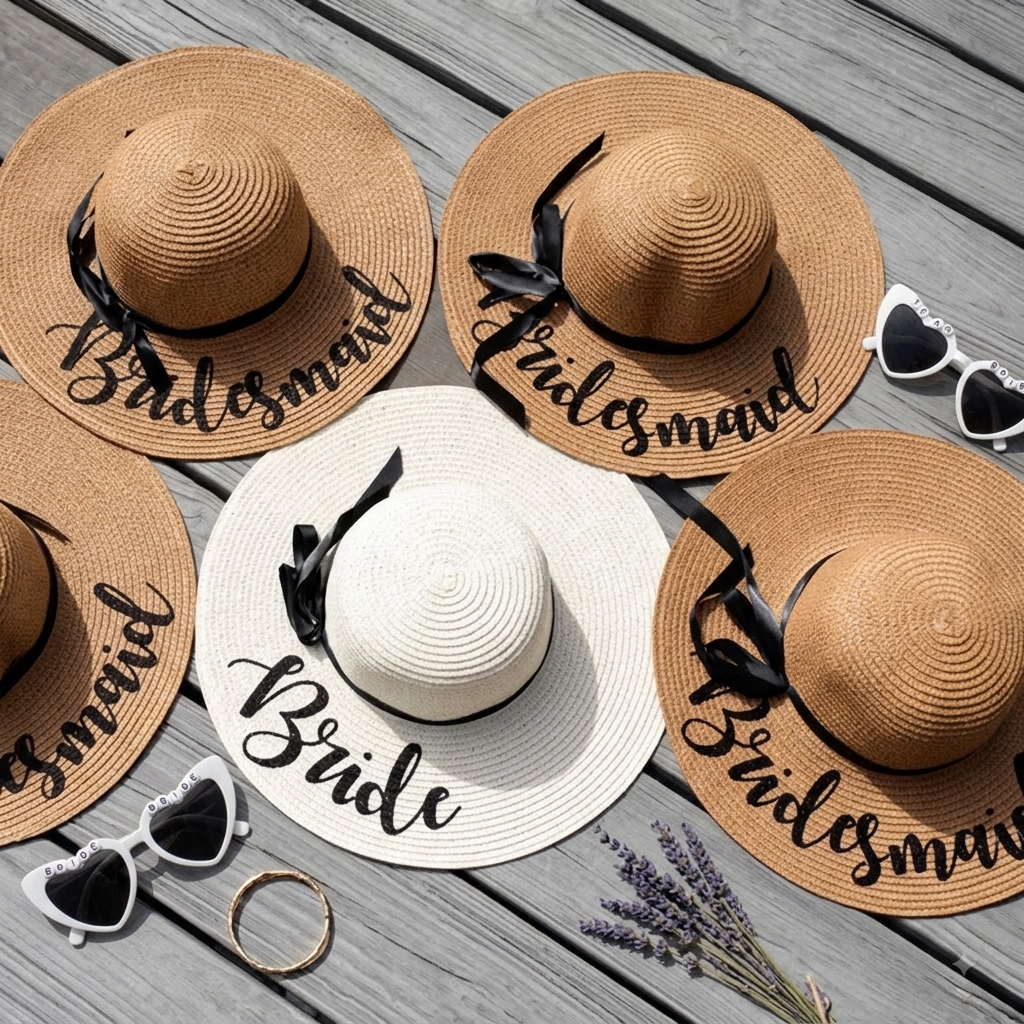 Bride/Bridesmaid Straw Hat - Black Handwriting - Beach/Wedding Party Sun Hat