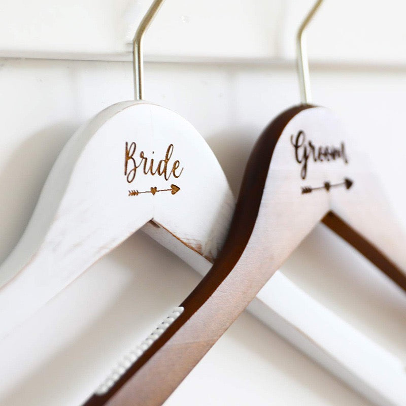 Personalized Wooden Wedding Hanger Set – Rustic Bride & Groom Laser Engraved Hangers for Wedding Dress & Suit Photo Prop