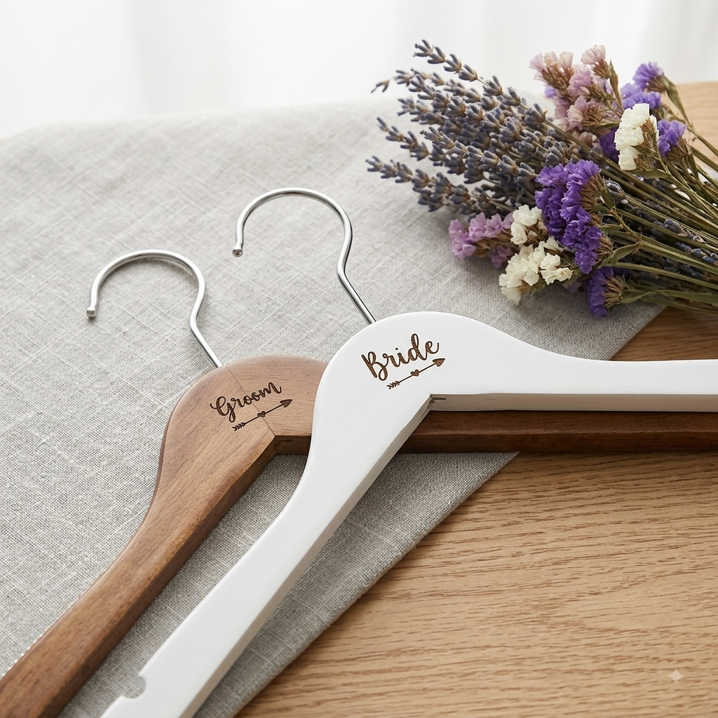 Personalized Wooden Wedding Hanger Set – Rustic Bride & Groom Laser Engraved Hangers for Wedding Dress & Suit Photo Prop