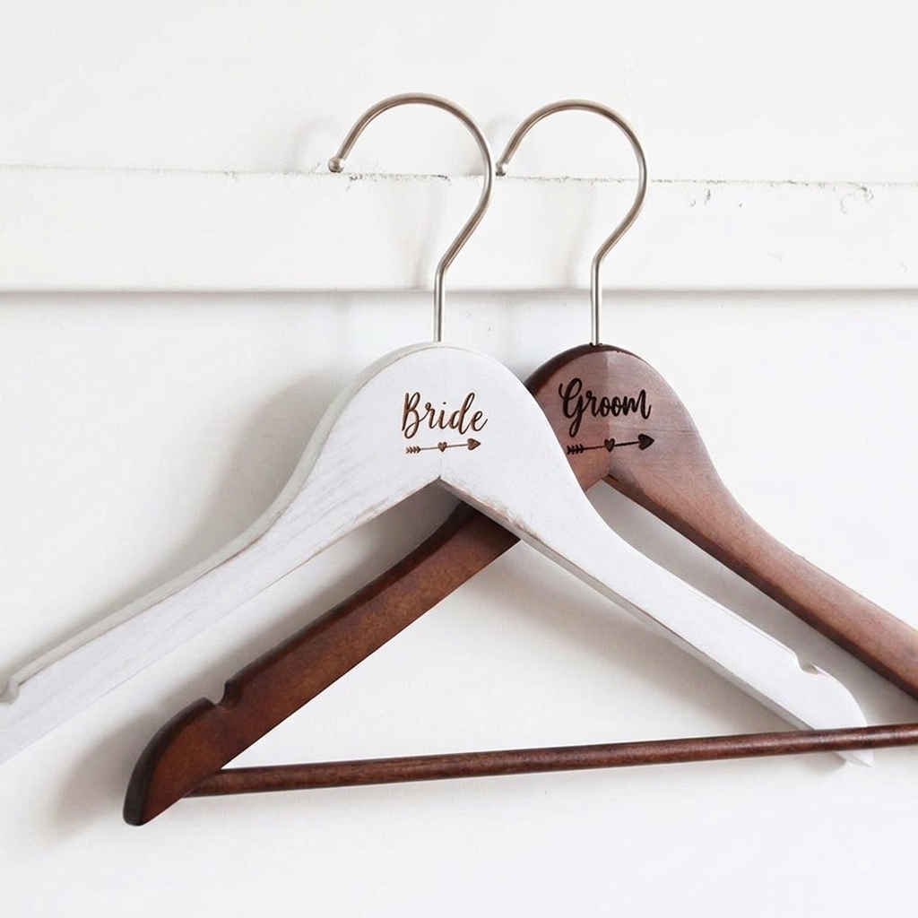 Personalized Wooden Wedding Hanger Set – Rustic Bride & Groom Laser Engraved Hangers for Wedding Dress & Suit Photo Prop