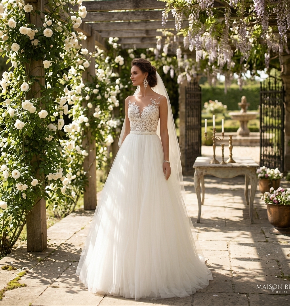 Illusion Lace Sweetheart Tulle A-Line Wedding Dress