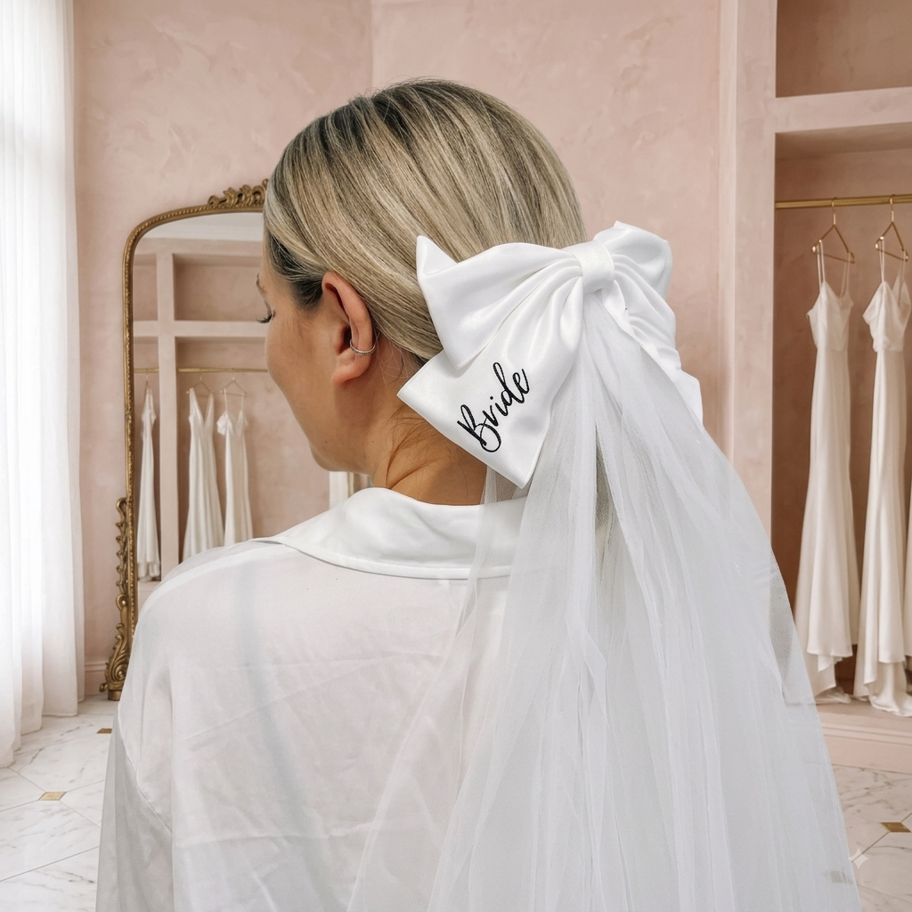 Silk Satin "Bride" Bow Veil – Embroidered Bachelorette & Bridal Hairpiece