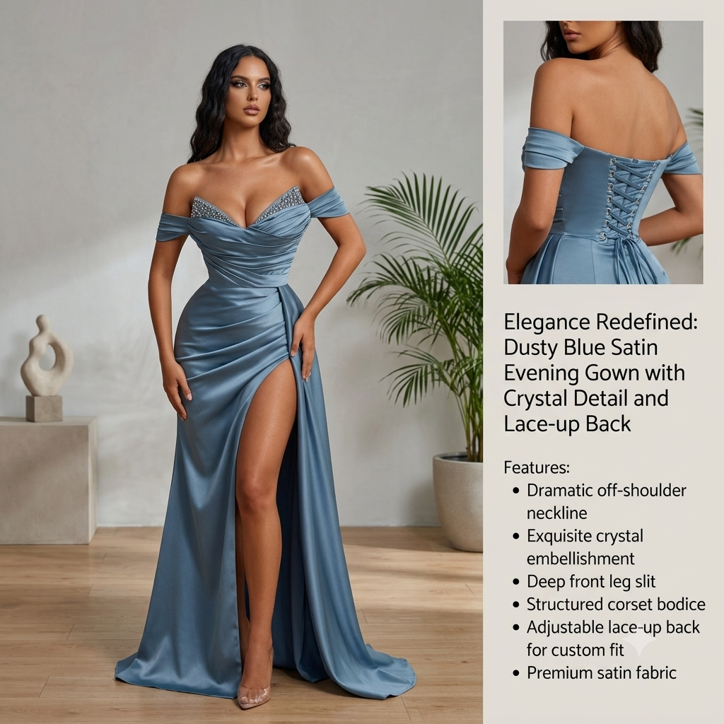 Haze blue satin evening dress - eternal elegance.