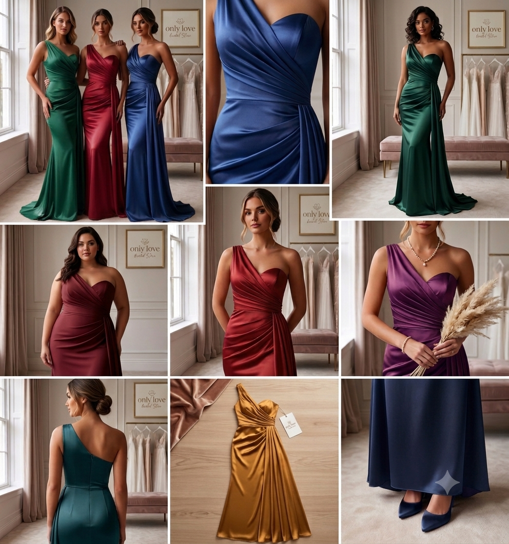 One-Shoulder Pleated Satin Bridesmaid Dress with Side Drape