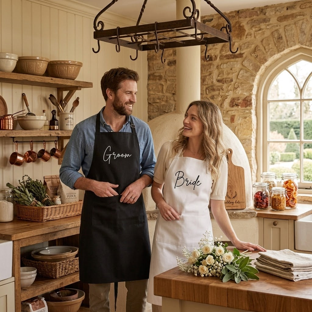Groom & Bride" Couple Apron Set – Personalized Wedding & Housewarming Gift