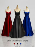 Emerald Satin Ruched A-Line Evening Gown with Slit & Pockets