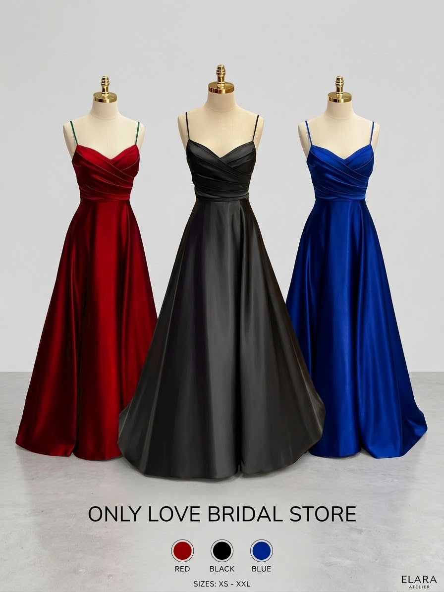 Emerald Satin Ruched A-Line Evening Gown with Slit & Pockets