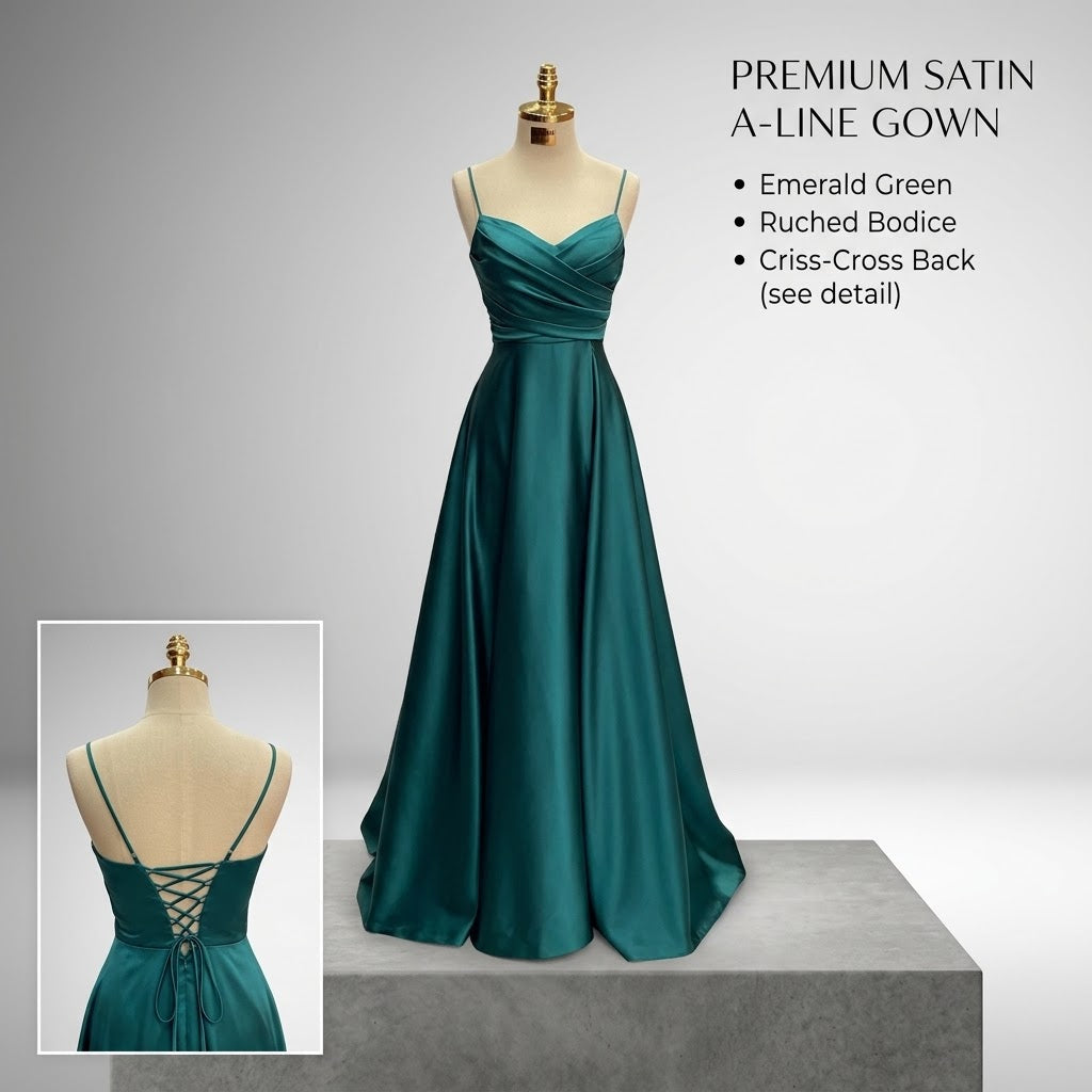 Emerald Satin Ruched A-Line Evening Gown with Slit & Pockets