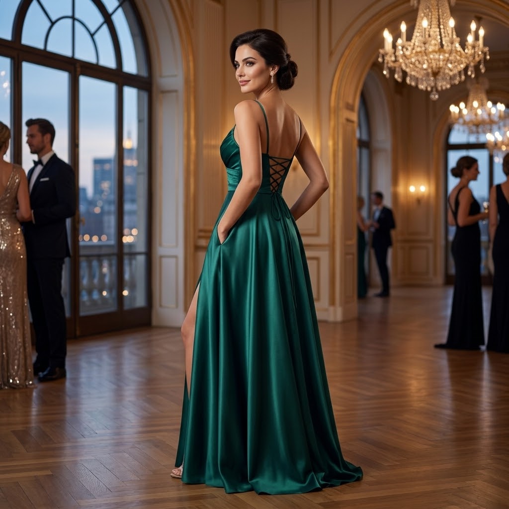 Emerald Satin Ruched A-Line Evening Gown with Slit & Pockets