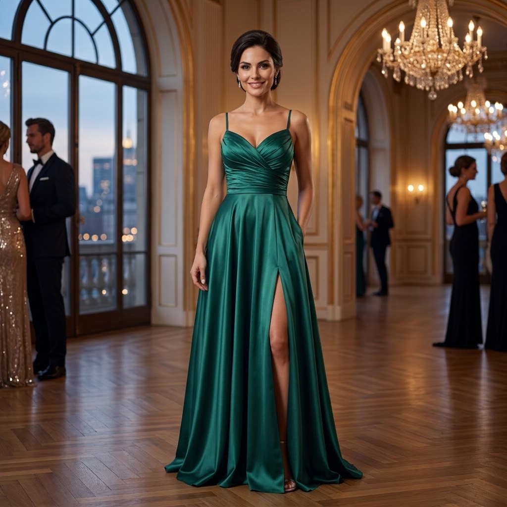Emerald Satin Ruched A-Line Evening Gown with Slit & Pockets