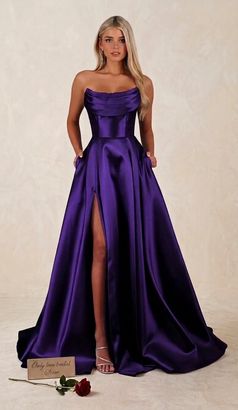 Strapless Satin Gown with Corset & High Split