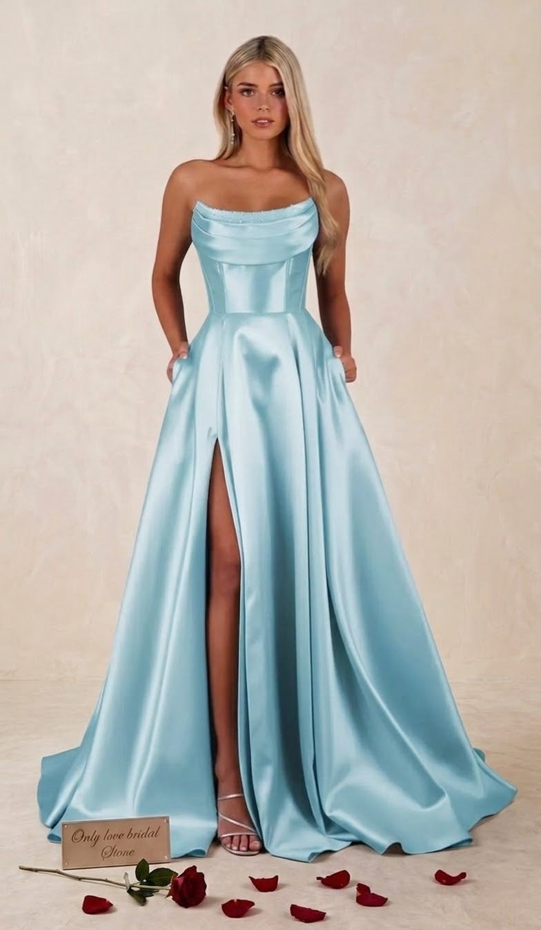 Strapless Satin Gown with Corset & High Split