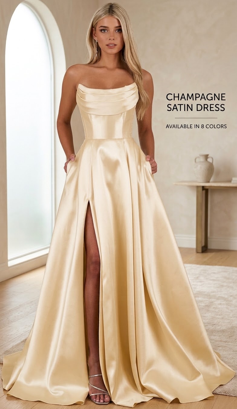 Strapless Satin Gown with Corset & High Split